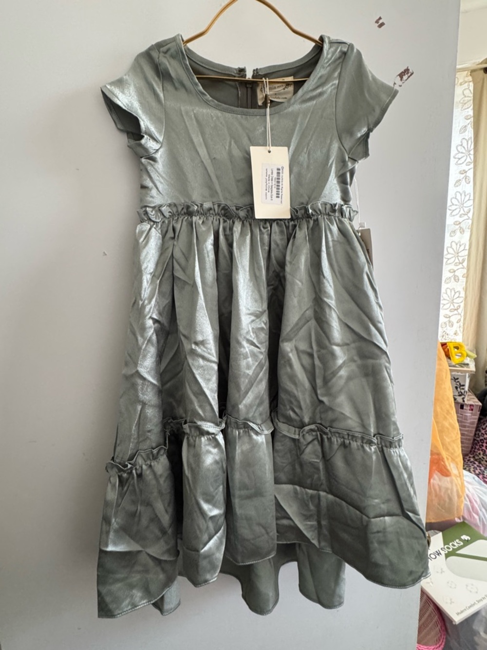 Joyfolie sage green satin Ruffled Waist Party Dress